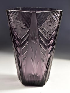 Bohemian Antique Vase -  Amethyst Glass - Cut and Engraved Art Deco 20th Century