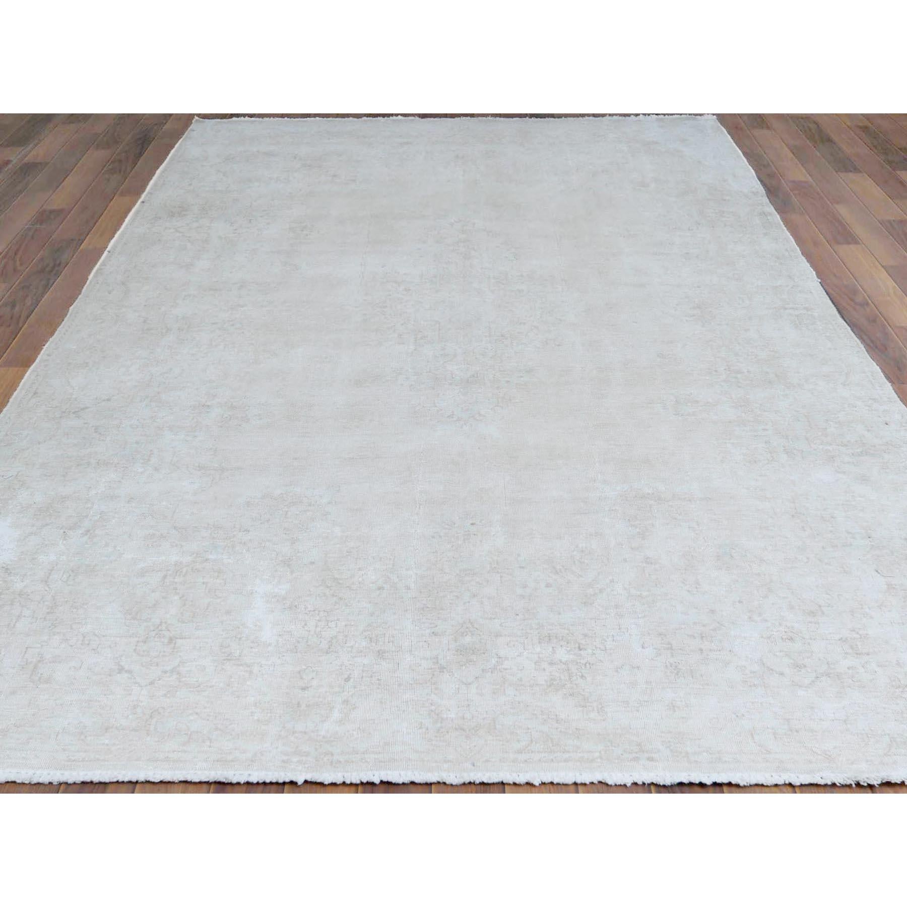 Medieval Bohemian Antique Wash Ivory Persian Kerman Vintage Worn Wool Hand Knotted Rug For Sale