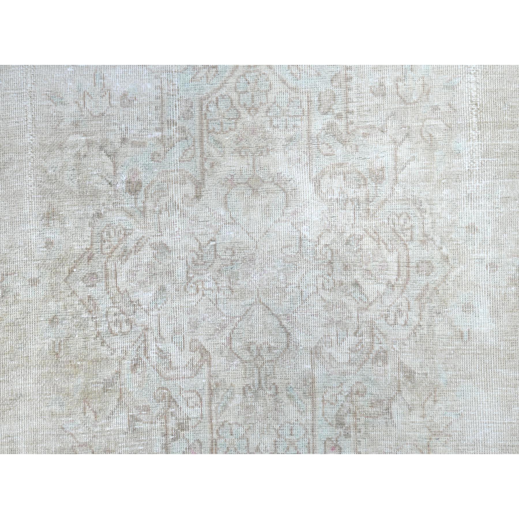 Bohemian Antique Wash Ivory Persian Kerman Vintage Worn Wool Hand Knotted Rug For Sale 3