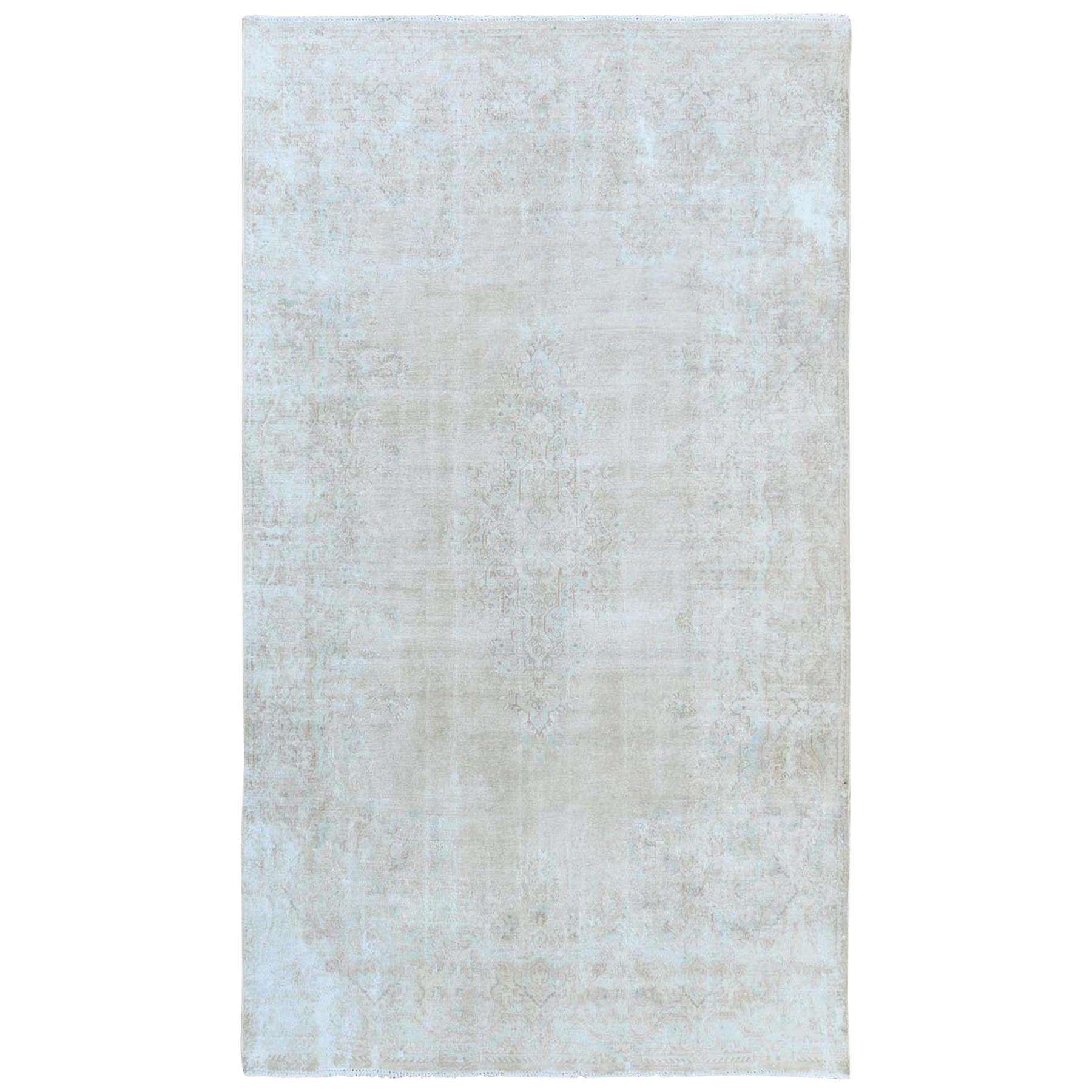 Bohemian Antique Wash Ivory Persian Kerman Vintage Worn Wool Hand Knotted Rug For Sale