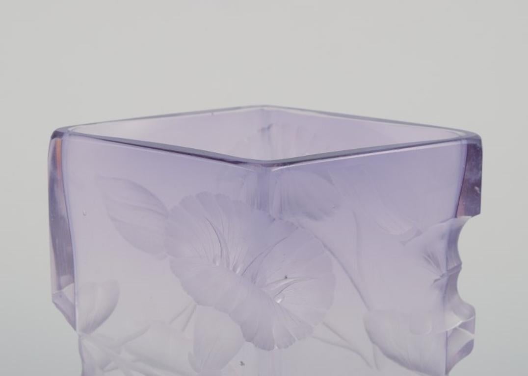 Czech Bohemian Art Deco art glass vase. Purple art glass with floral motifs. For Sale