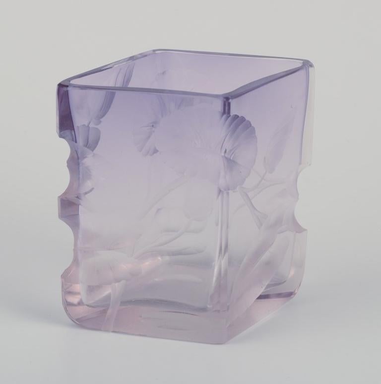 Mid-20th Century Bohemian Art Deco art glass vase. Purple art glass with floral motifs. For Sale