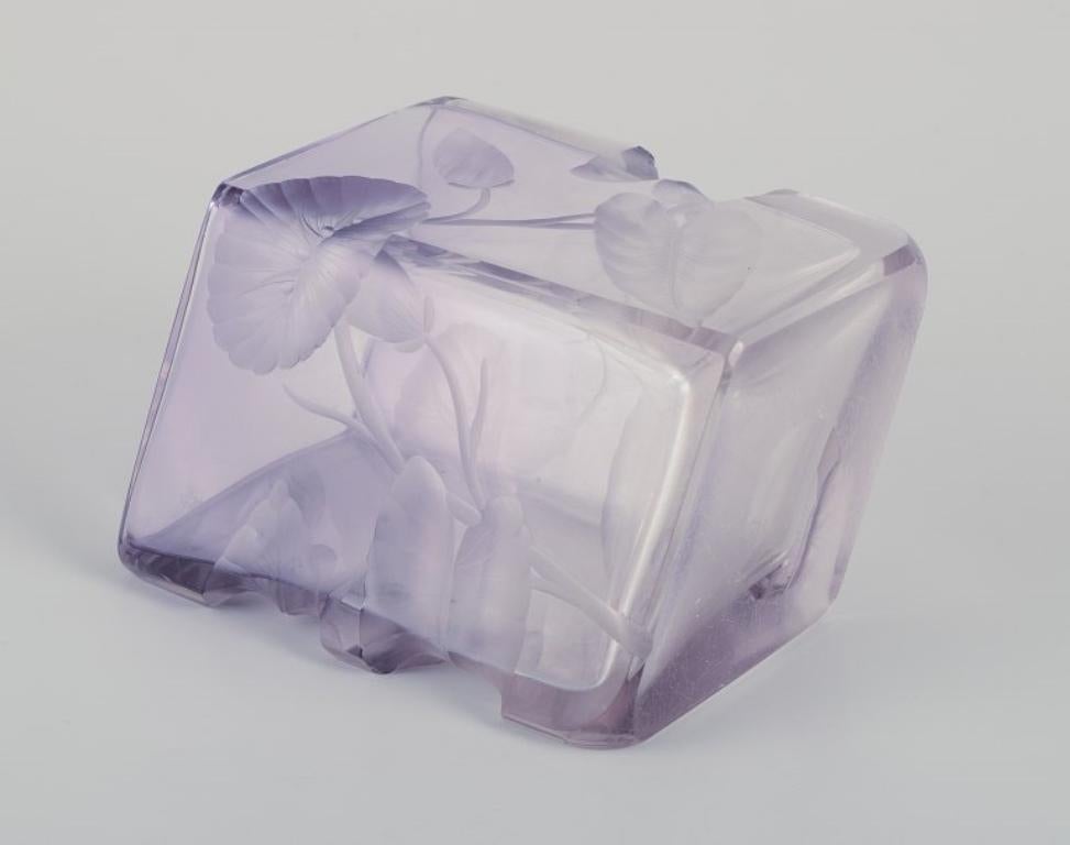 Bohemian Art Deco art glass vase. Purple art glass with floral motifs. For Sale 1