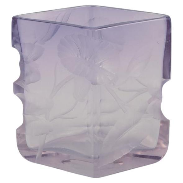 Bohemian Art Deco art glass vase. Purple art glass with floral motifs. For Sale