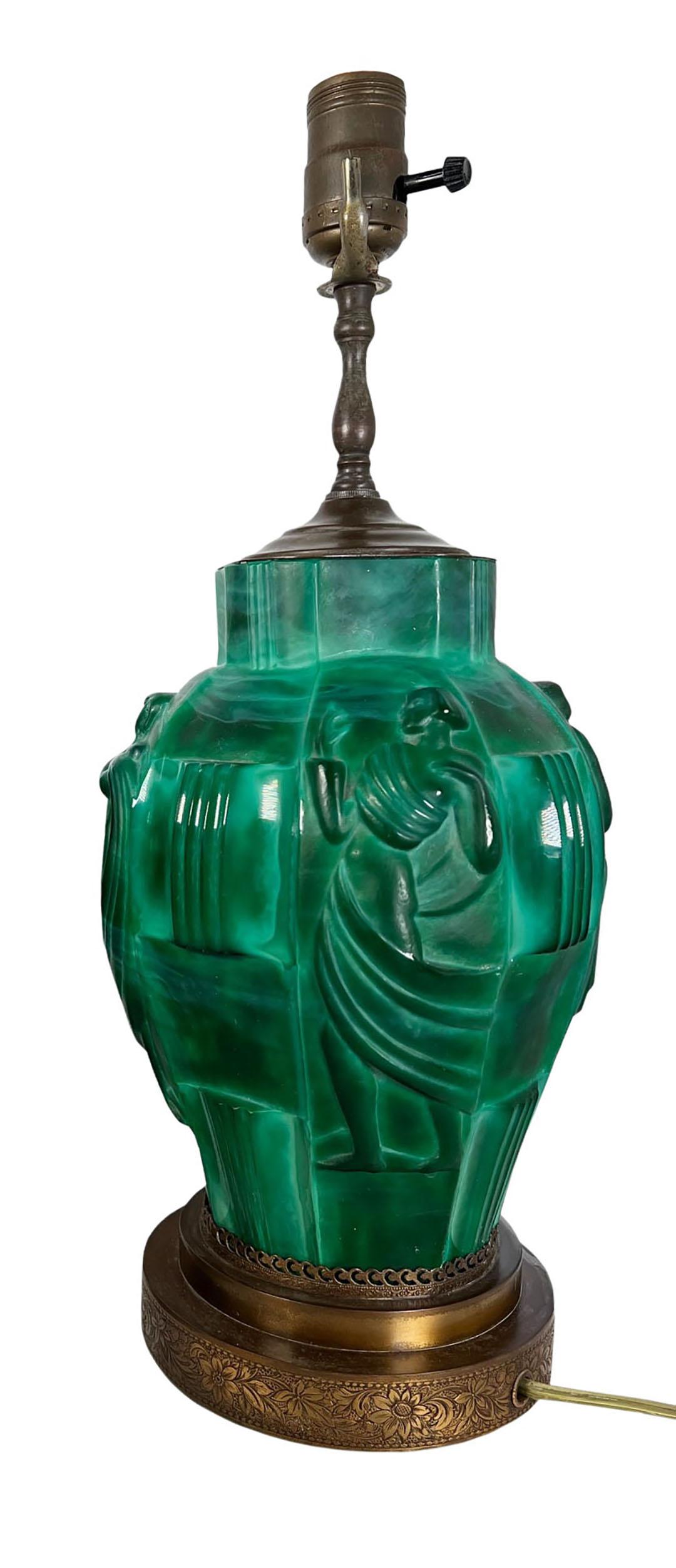 A pair of bohemian art deco style malachite glass vases with figures. By Curt Schlevogt converted into lamps with brass mounts. Mid 20th century, Czechoslovakia.
