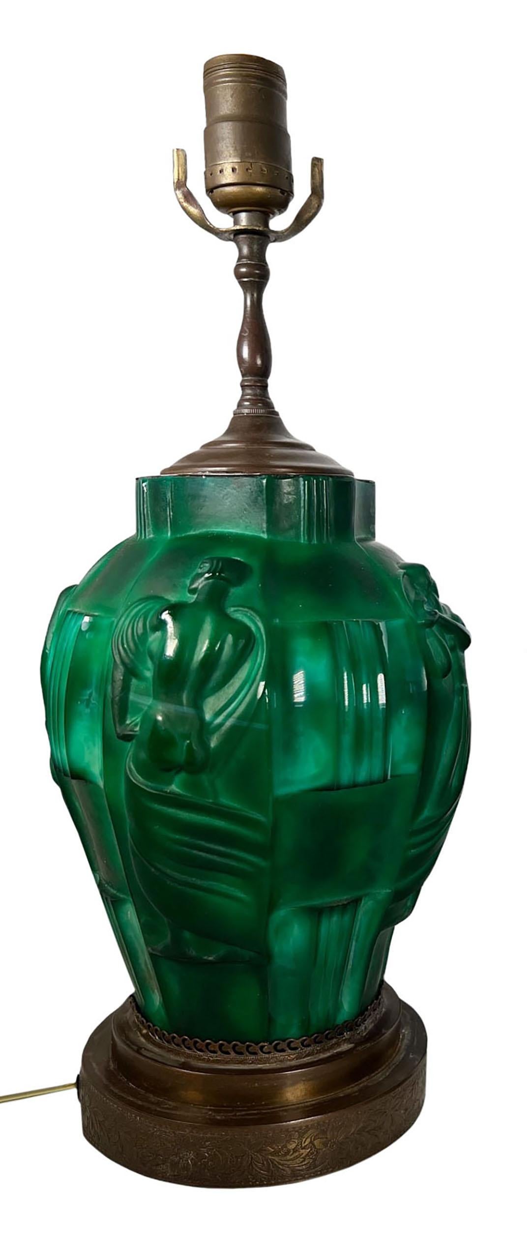 Czech Bohemian Art Deco Style Malachite Glass Lamps For Sale