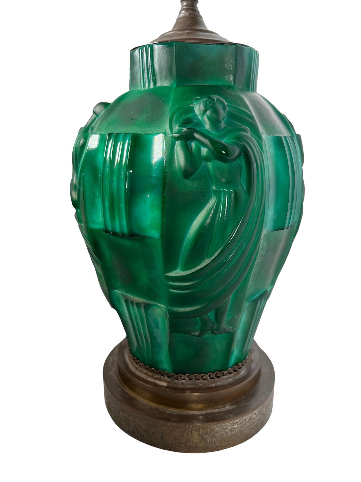Late 20th Century Bohemian Art Deco Style Malachite Glass Lamps For Sale