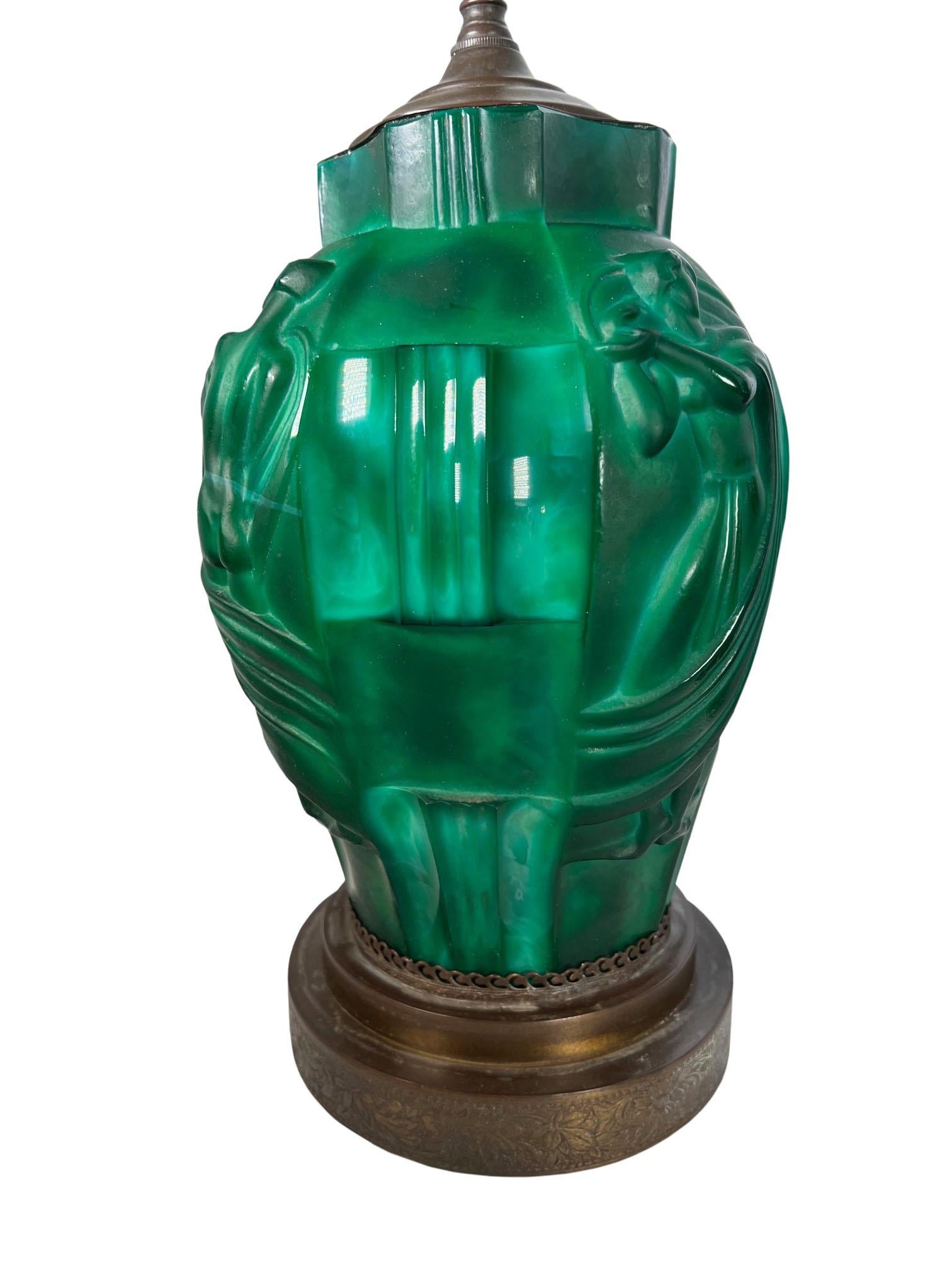 Brass Bohemian Art Deco Style Malachite Glass Lamps For Sale