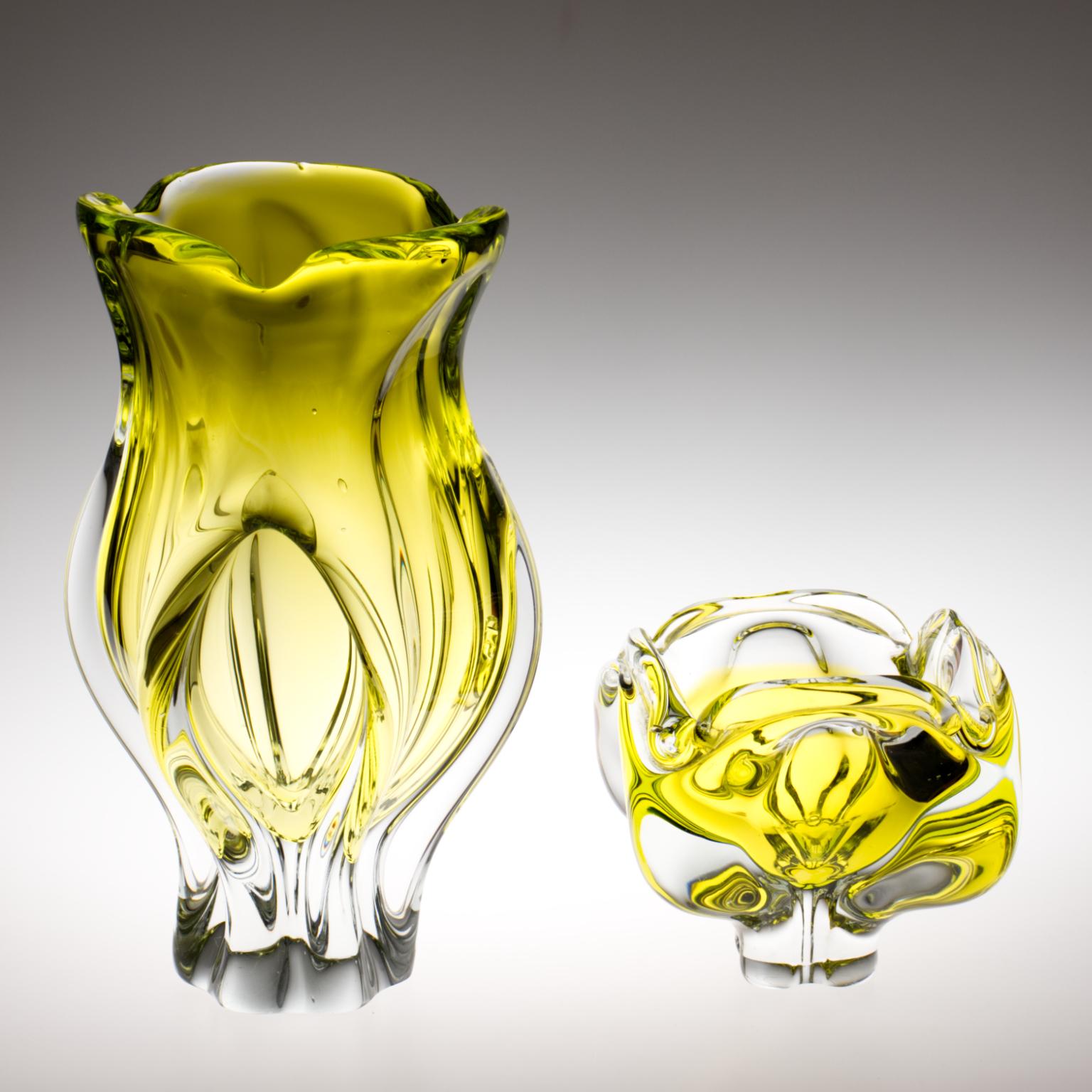 Czech Bohemian Art Glass Vase and Ashtray by Josef Hospodka, Chribska Glasswork, 1960s