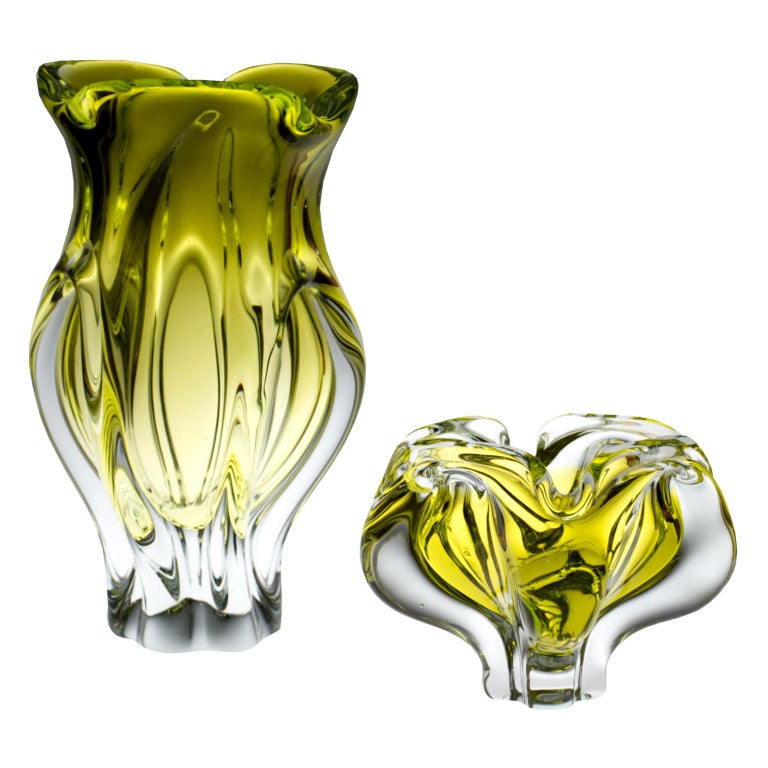 Bohemian Art Glass Vase and Ashtray by Josef Hospodka, Chribska Glasswork, 1960s