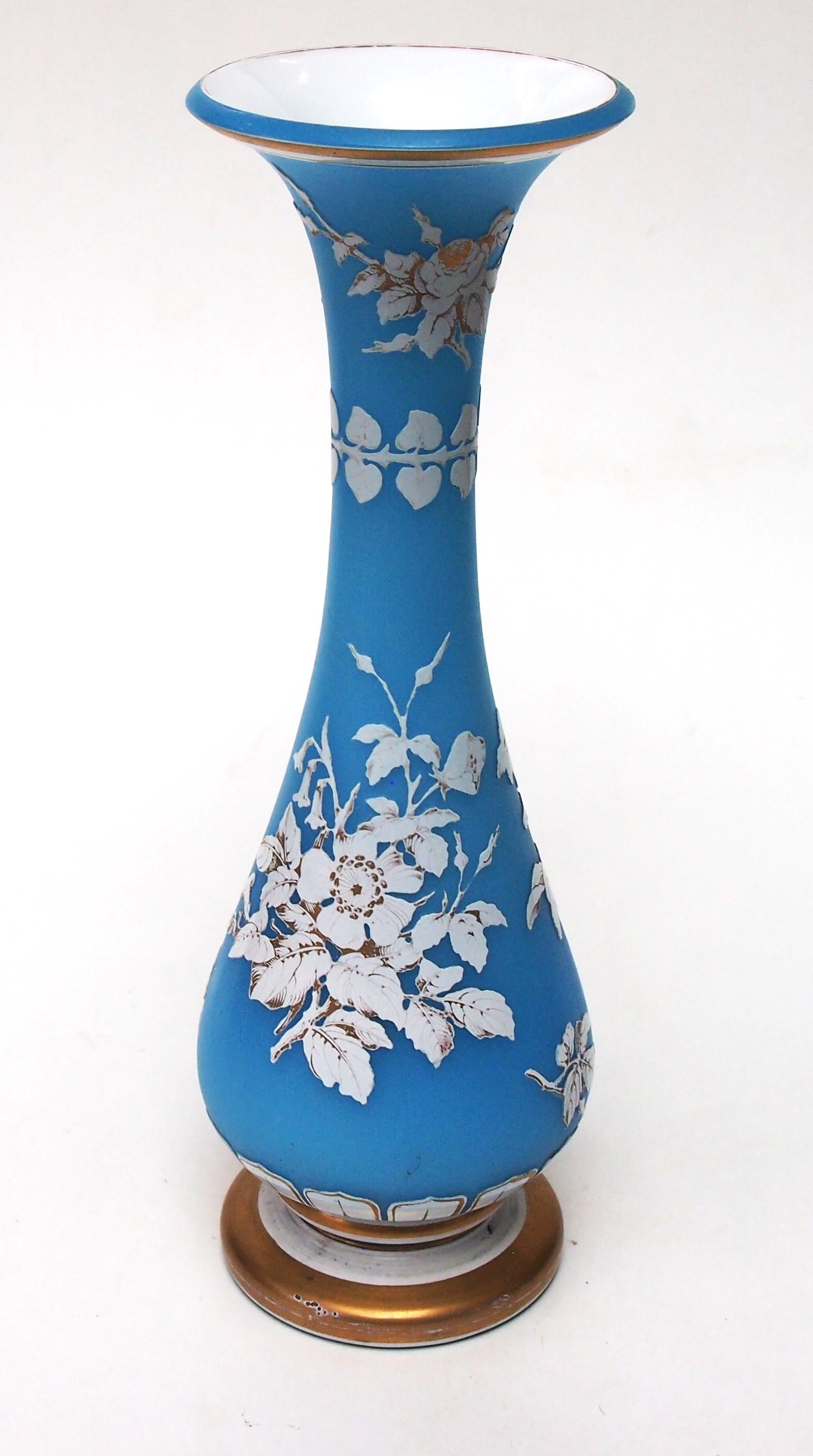 Early Victorian Bohemian Art Nouveau Harrach Blue and White Botanical Cameo Glass Vase, 1860 For Sale