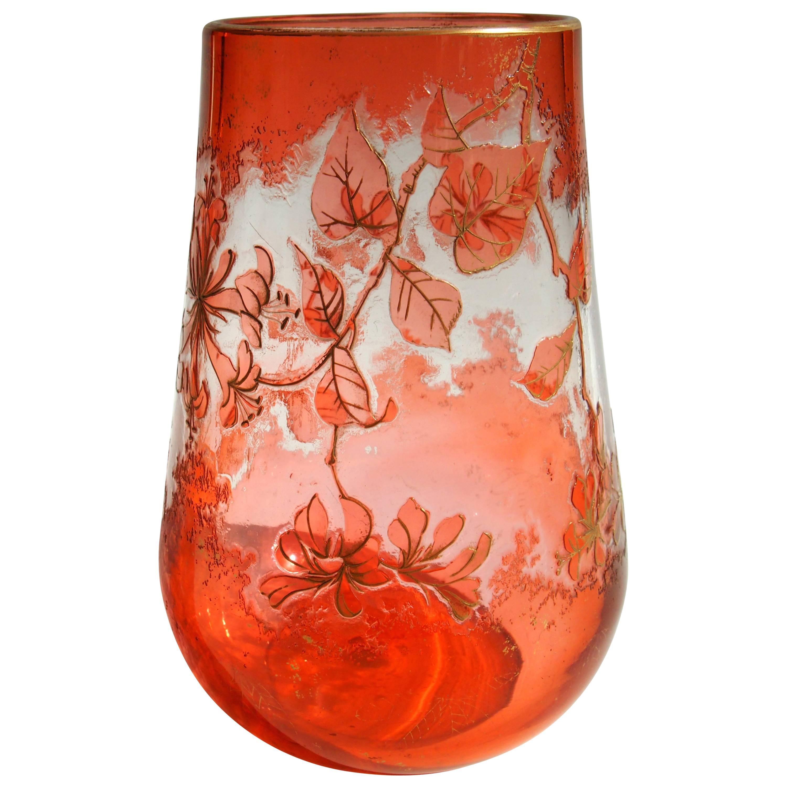 Bohemian Art Nouveau Harrach Orange to Clear Cameo Glass Vase 1900 For Sale