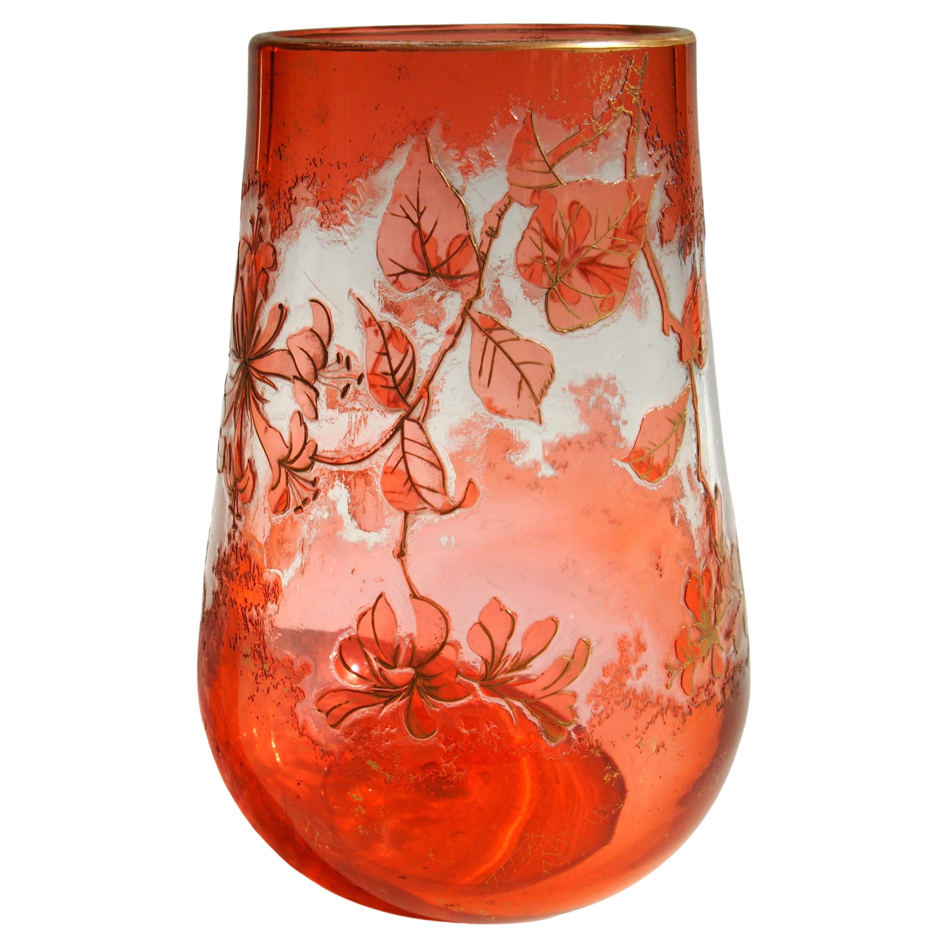 Vase en verre camée orange à transparent Art nouveau bohème Harrach 1900 en vente