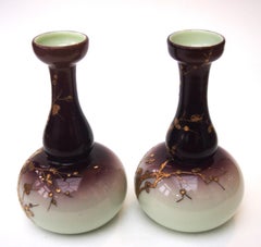 Bohemian Art Nouveau Harrach Purple on Cream Gilded Pair of Glass Vases, 1890