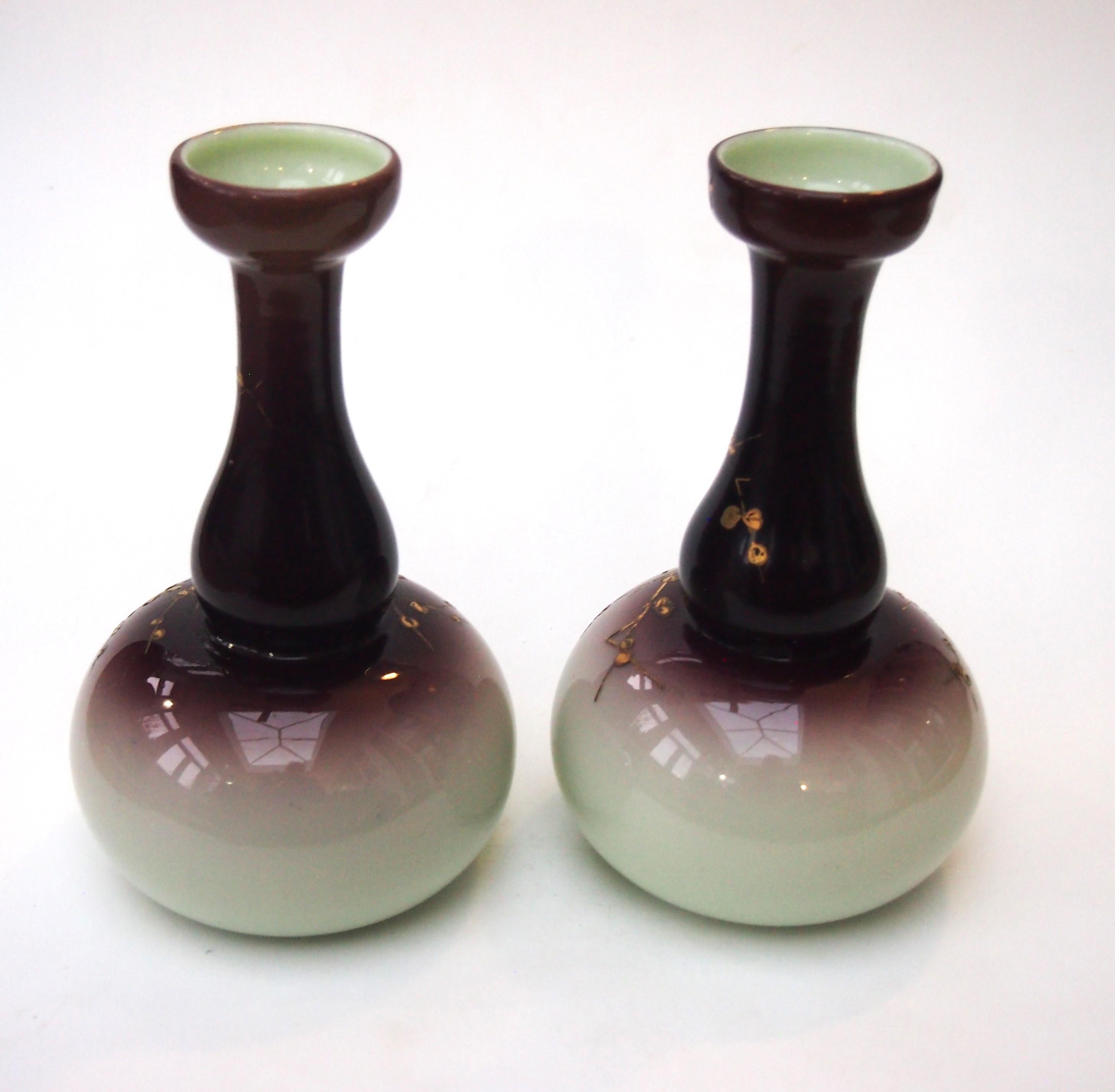 Czech Bohemian Art Nouveau Harrach Purple on Cream Gilded Pair of Glass Vases, 1890 For Sale