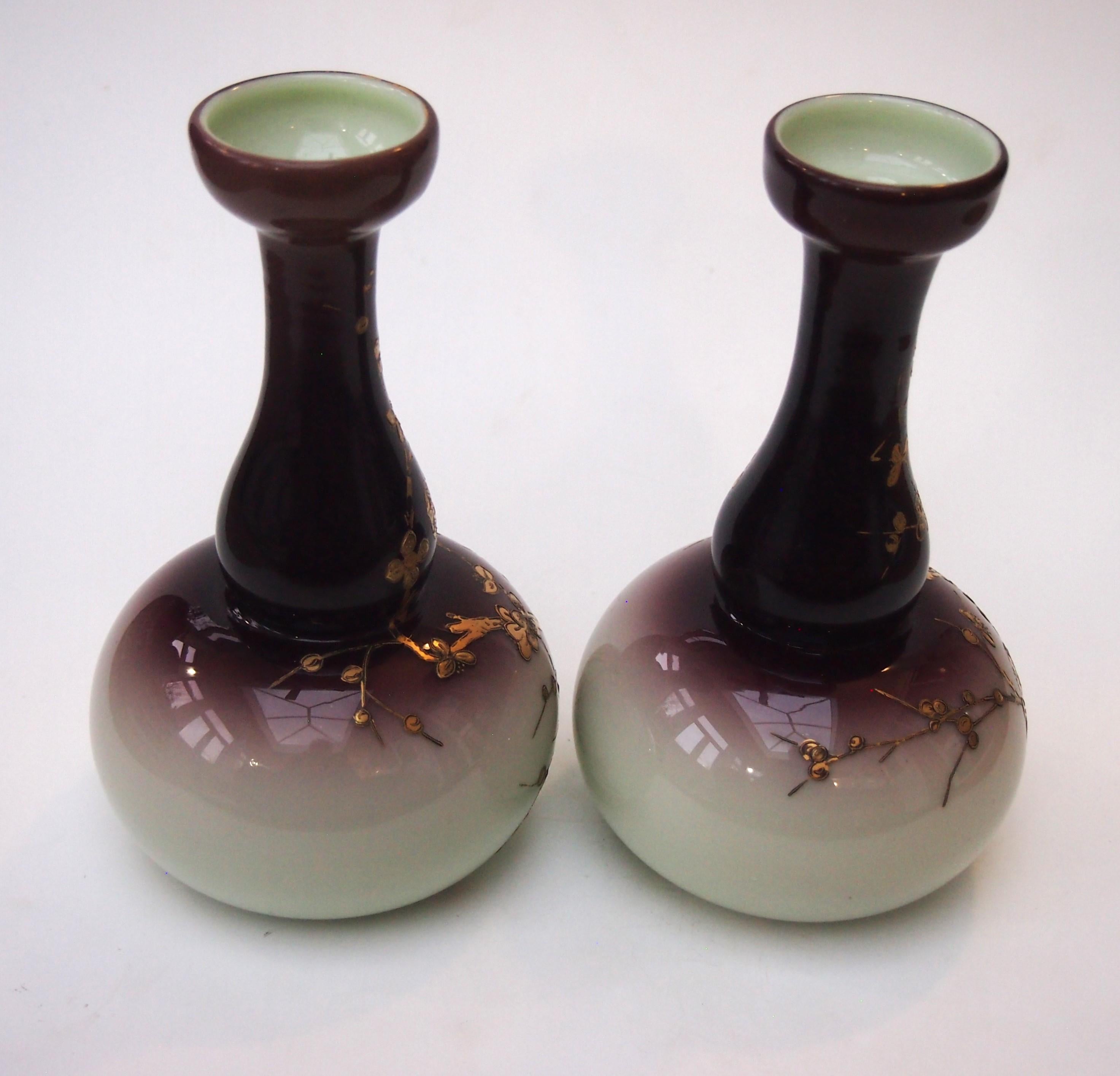 Bohemian Art Nouveau Harrach Purple on Cream Gilded Pair of Glass Vases, 1890 In Good Condition For Sale In Worcester Park, GB