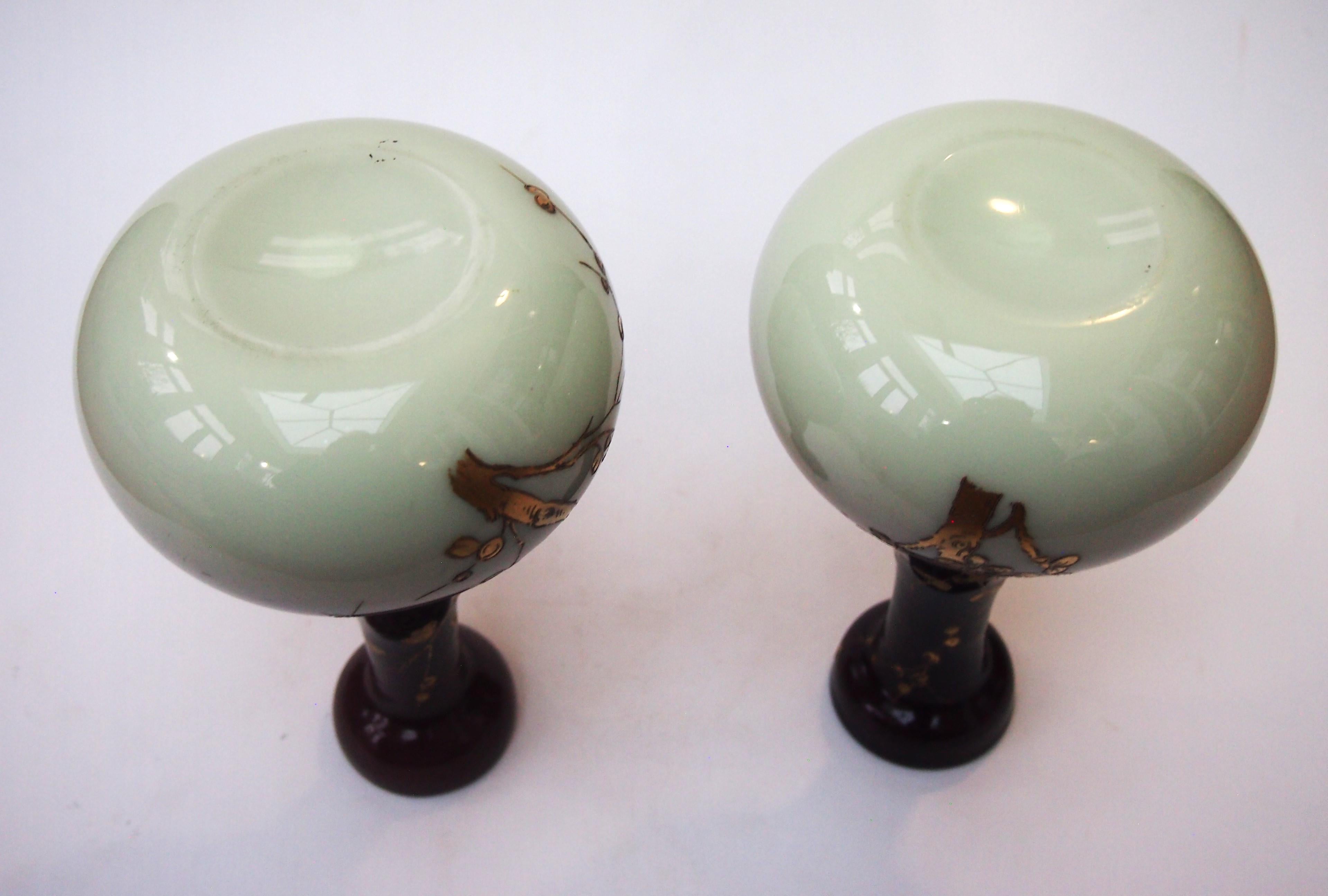 Late 19th Century Bohemian Art Nouveau Harrach Purple on Cream Gilded Pair of Glass Vases, 1890 For Sale