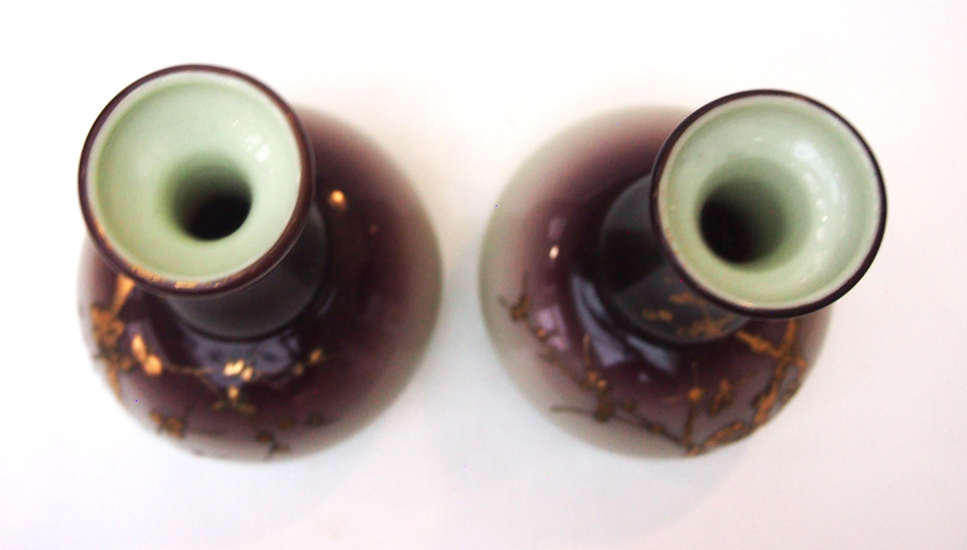 Bohemian Art Nouveau Harrach Purple on Cream Gilded Pair of Glass Vases, 1890 For Sale 2