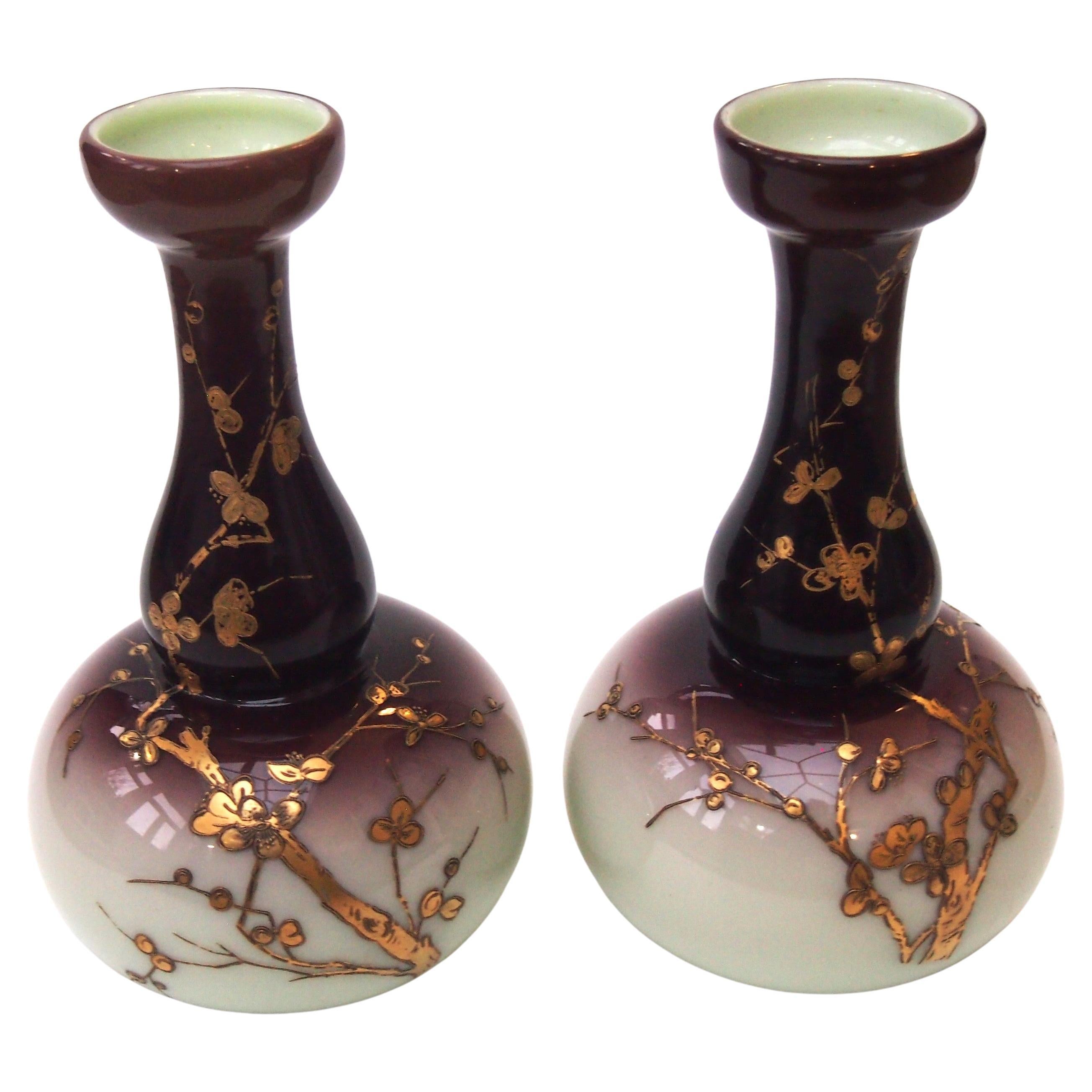 Bohemian Art Nouveau Harrach Purple on Cream Gilded Pair of Glass Vases, 1890 For Sale