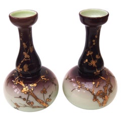 Bohemian Art Nouveau Harrach Purple on Cream Gilded Pair of Glass Vases, 1890