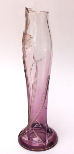 Bohemian Art Nouveau Harrach Purple to Clear Wheel cut  shaped Glass Vase, 1900