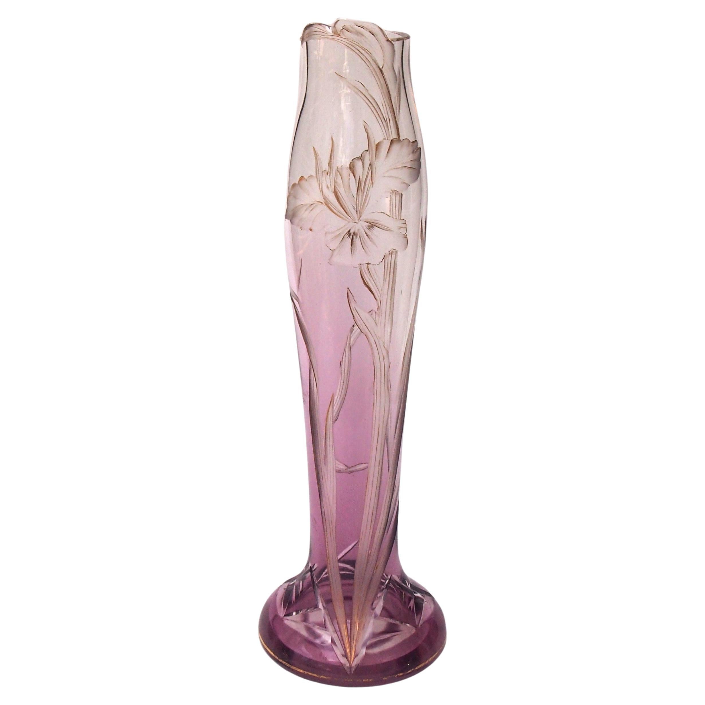 Bohemian Art Nouveau Harrach Purple to Clear Wheel cut  shaped Glass Vase, 1900