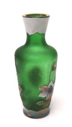 Bohemian Art Nouveau Harrach White Over Green Cameo & Enamelled Glass Vase, 1900