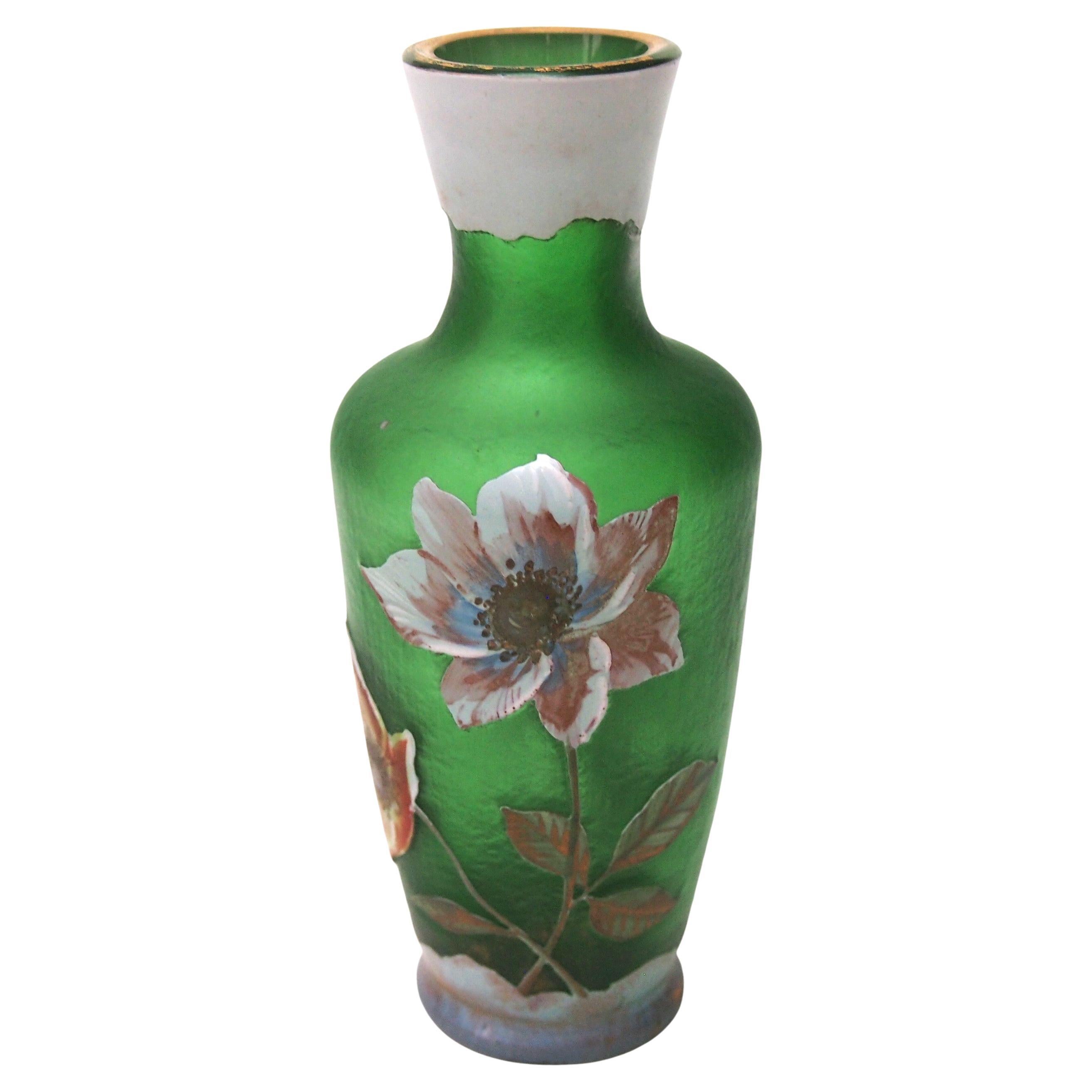 Bohemian Art Nouveau Harrach White Over Green Cameo & Enamelled Glass Vase, 1900