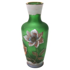 Bohemian Art Nouveau Harrach White Over Green Cameo & Enamelled Glass Vase, 1900