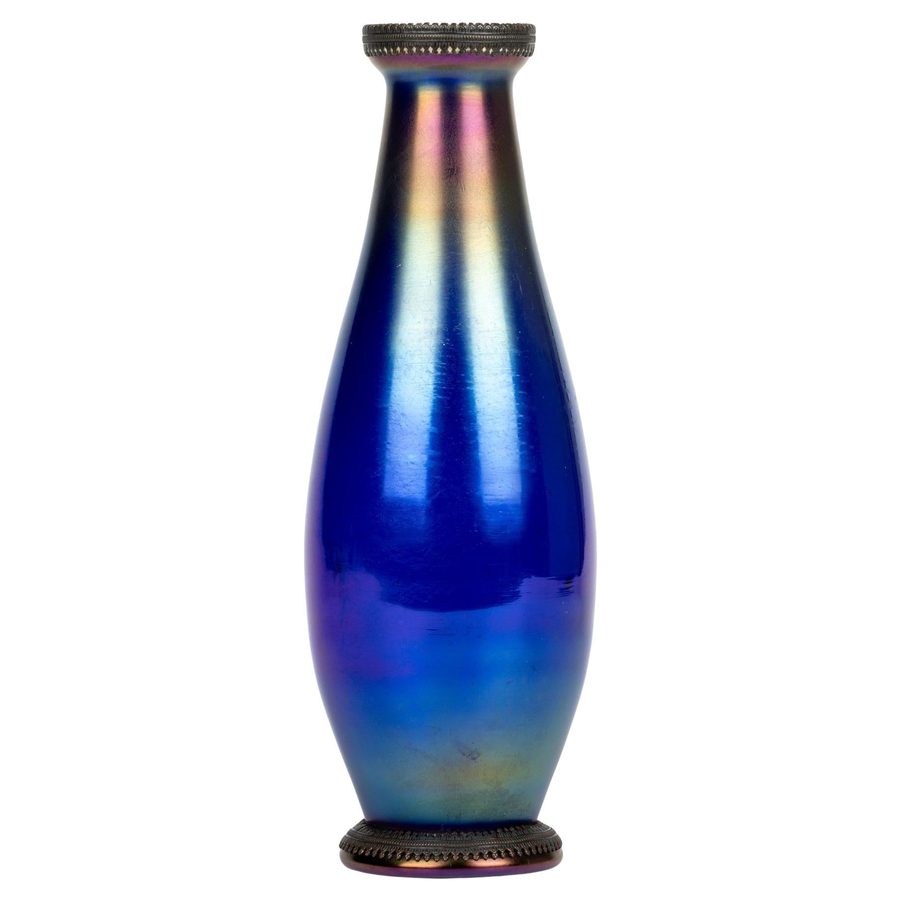 Bohemian Art Nouveau Metal Mounted Iridescent Art Glass Vase
