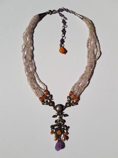 Collier lavallière bohème Art nouveau à plusieurs rangs, orné de perles, d'améthystes et d'émail