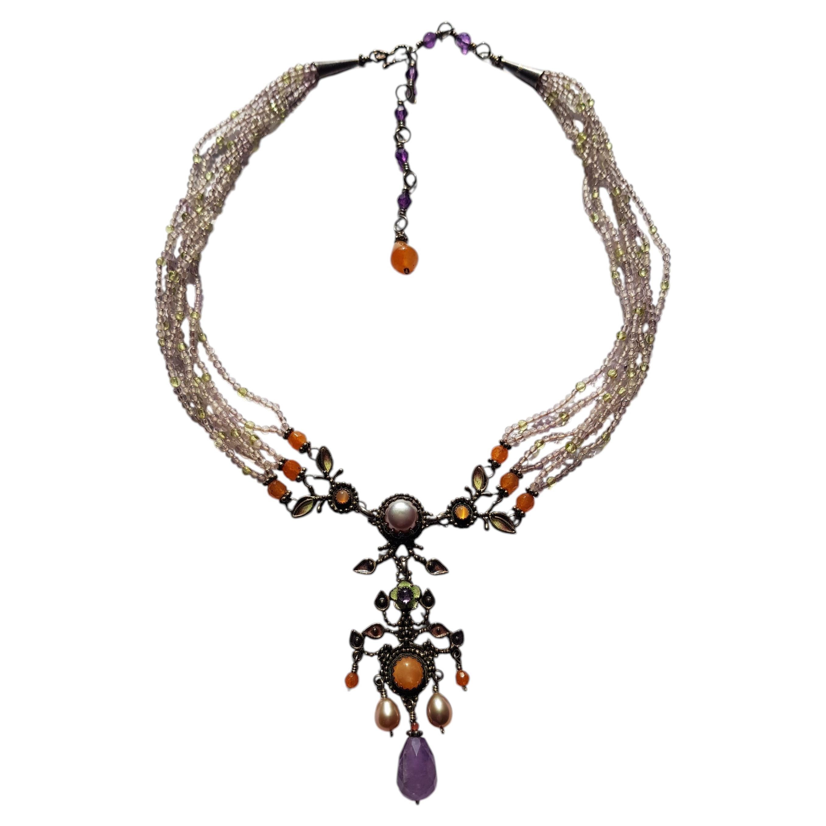 Bohemian Art Nouveau Multi Strand Beaded Lavalier Necklace Pearl Amethyst Enamel For Sale