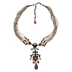 Collier lavallière bohème Art nouveau à plusieurs rangs, orné de perles, d'améthystes et d'émail