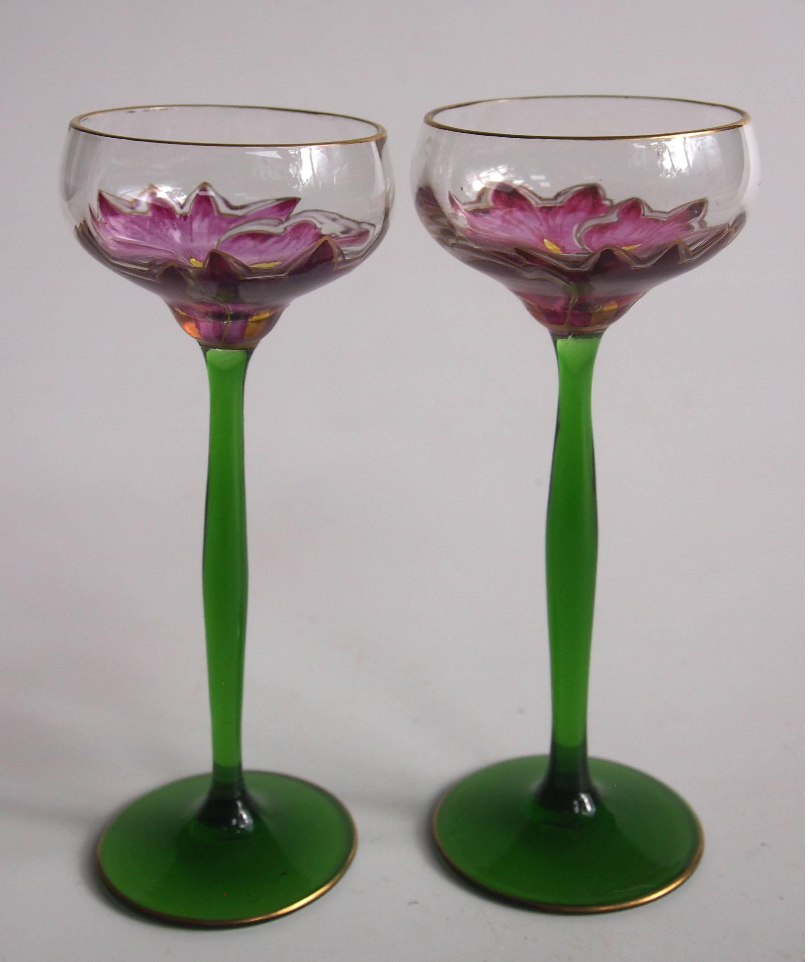 Czech Bohemian Art Nouveau Pair of Small Meyr's Neffe Flower Glasses