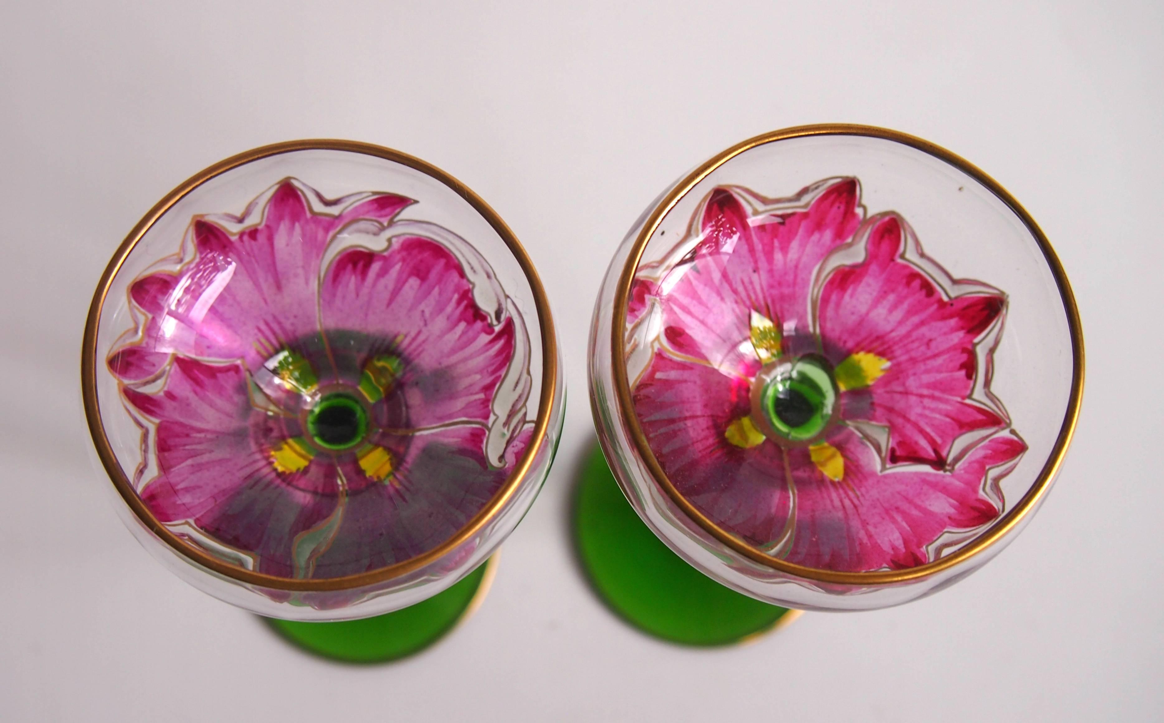 Late 19th Century Bohemian Art Nouveau Pair of Small Meyr's Neffe Flower Glasses