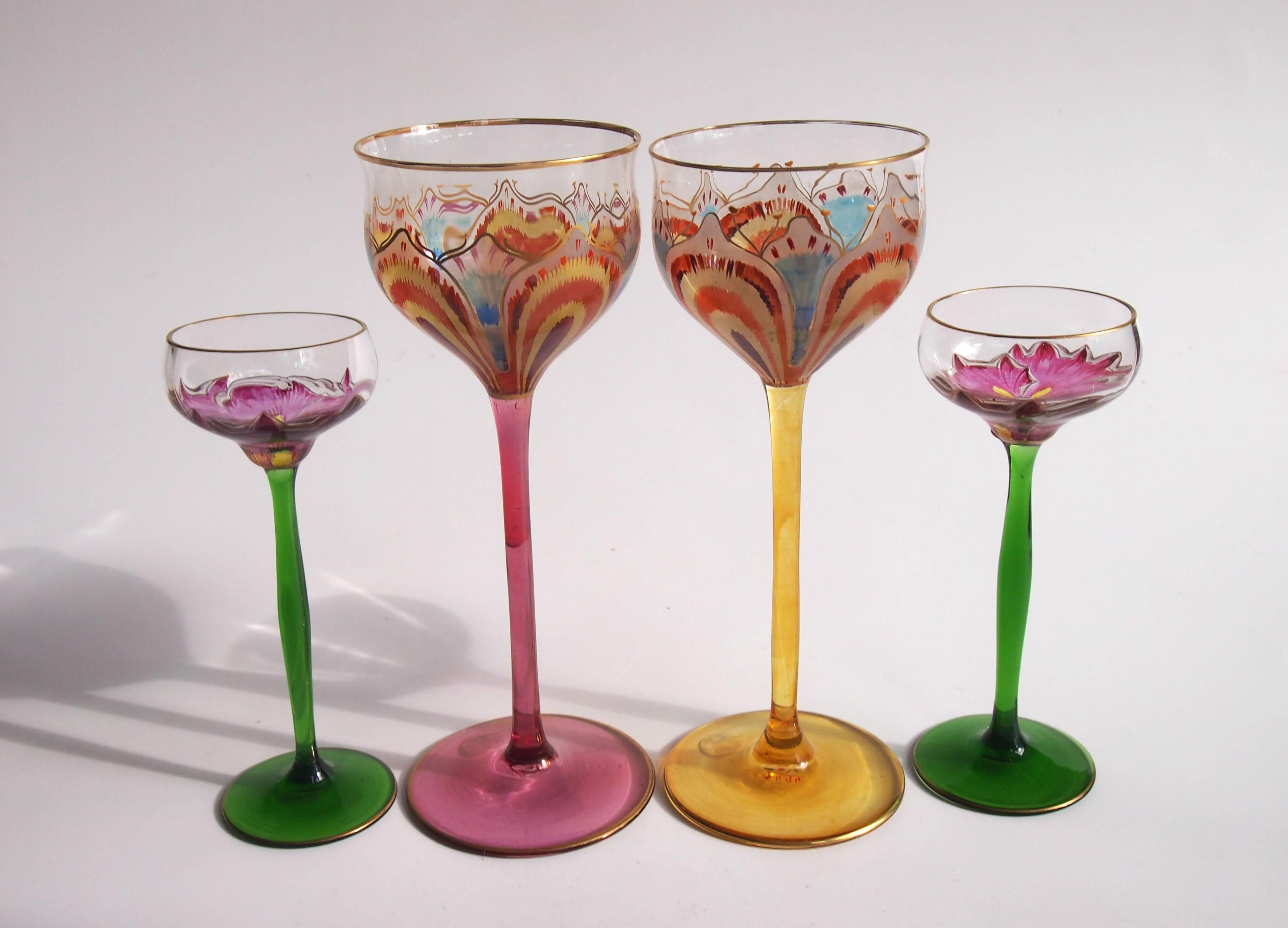 Bohemian Art Nouveau Pair of Small Meyr's Neffe Flower Glasses 2