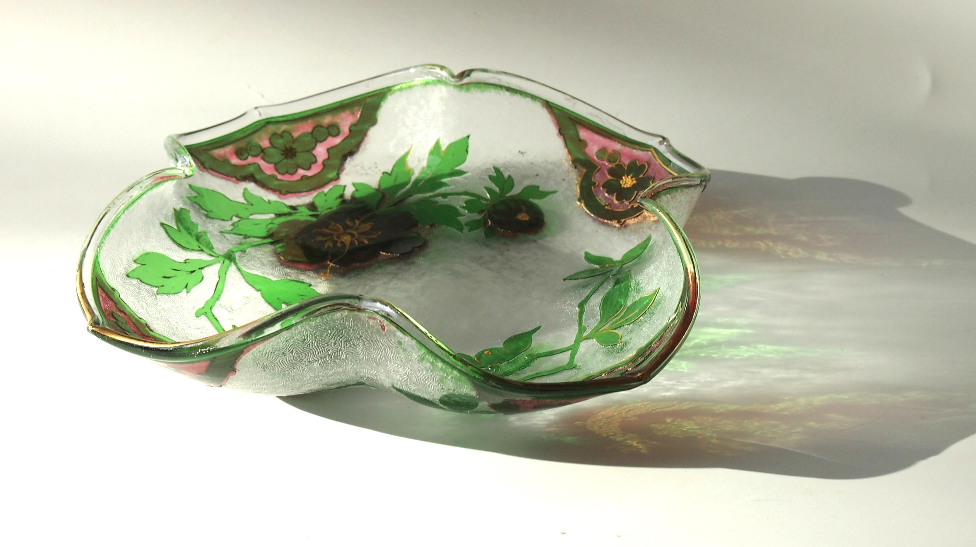 Superb Art Nouveau pink over green gilded Riedel cameo dish depicting stylized flowers. We've seen a number of these over the years with just one color, but this is the first we've seen with two colors. This range was first presented by Riedel at
