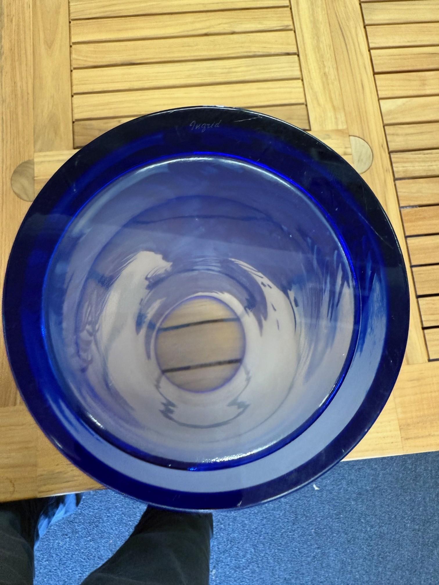 Bohemian Art Nouveau Style Blue Cut Cameo Glass Vase Signed Ingrid For Sale 4