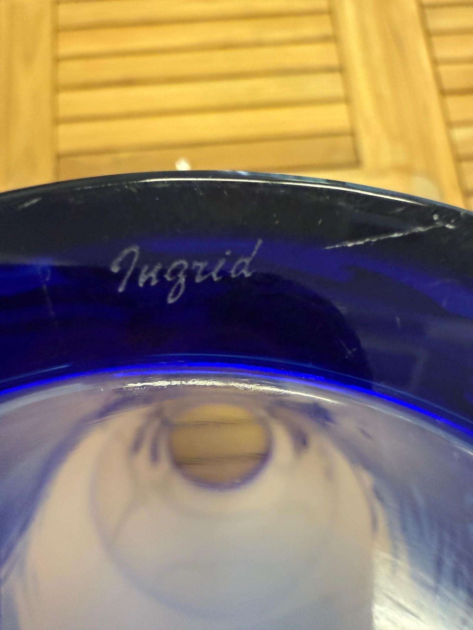 Bohemian Art Nouveau Style Blue Cut Cameo Glass Vase Signed Ingrid For Sale 5