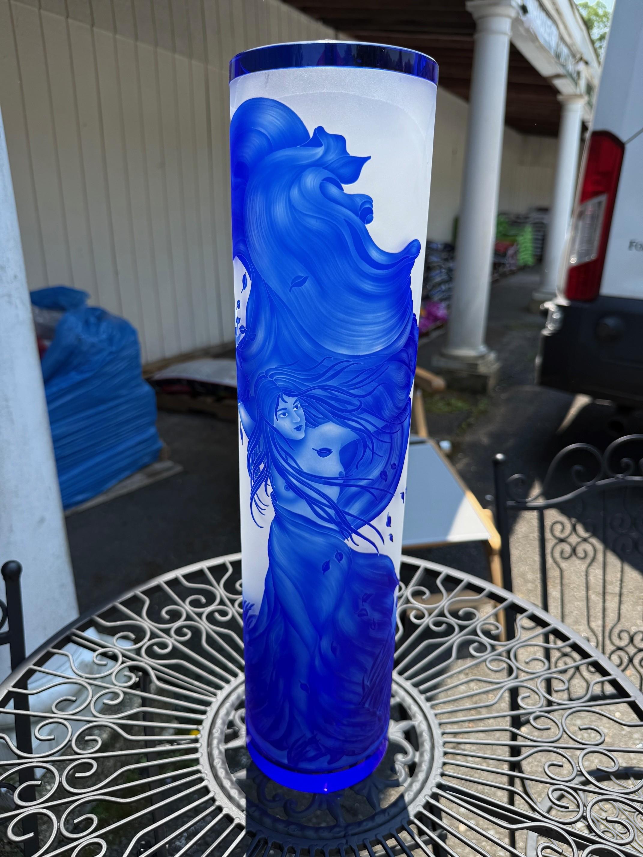 Bohemian Art Nouveau Style Blue Cut Cameo Glass Vase Signed Ingrid For Sale 6