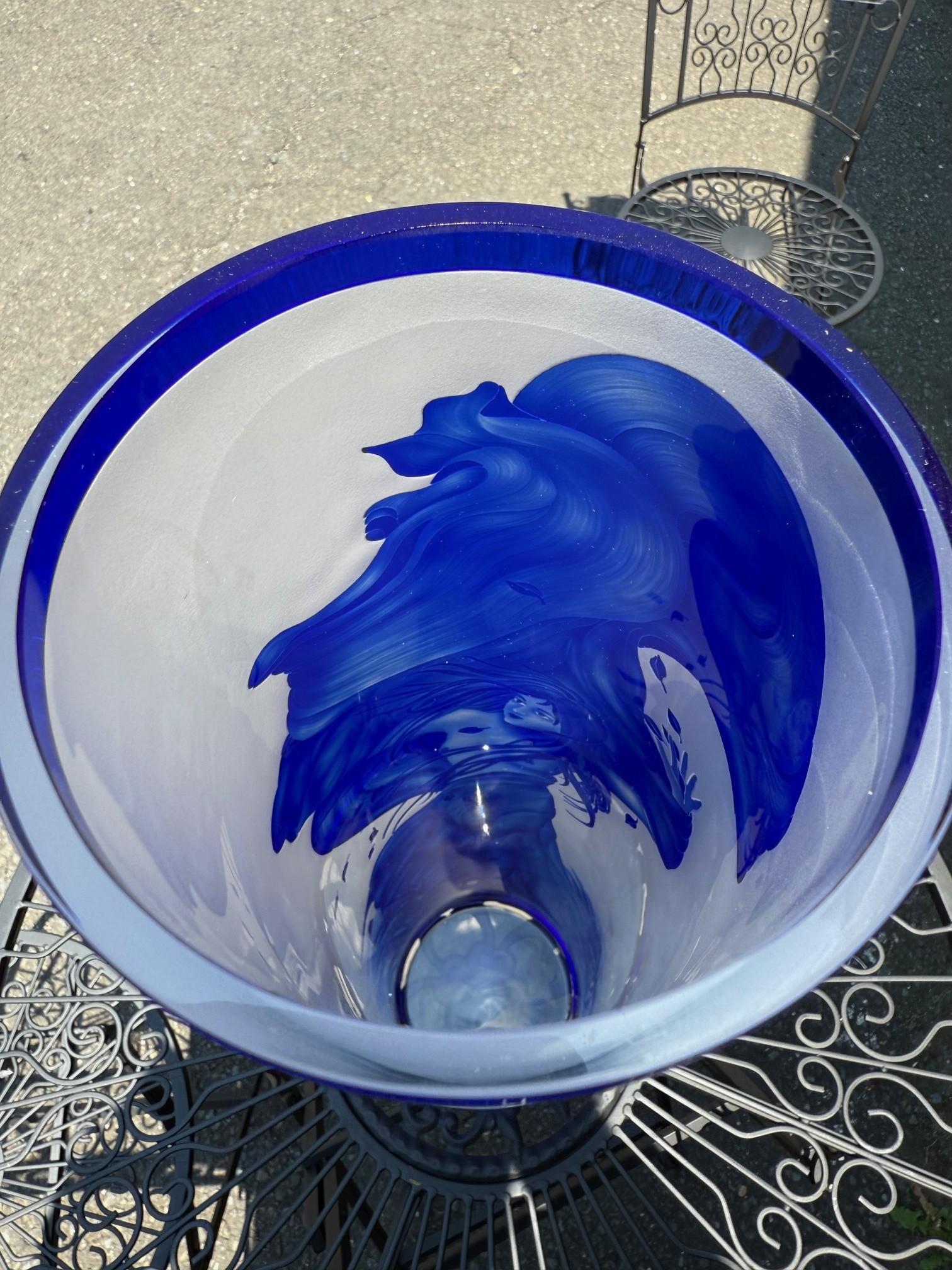 Bohemian Art Nouveau Style Blue Cut Cameo Glass Vase Signed Ingrid For Sale 7