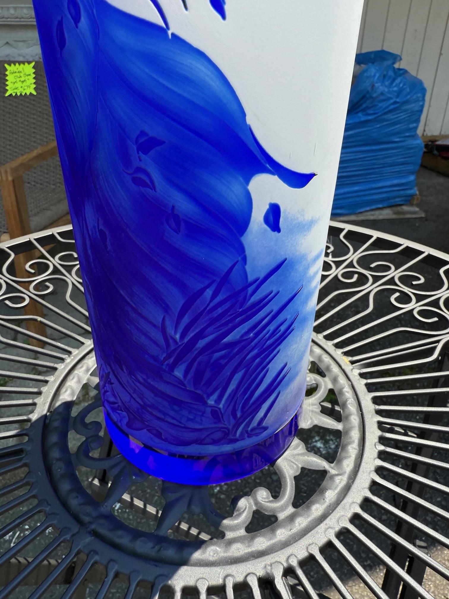Bohemian Art Nouveau Style Blue Cut Cameo Glass Vase Signed Ingrid For Sale 8