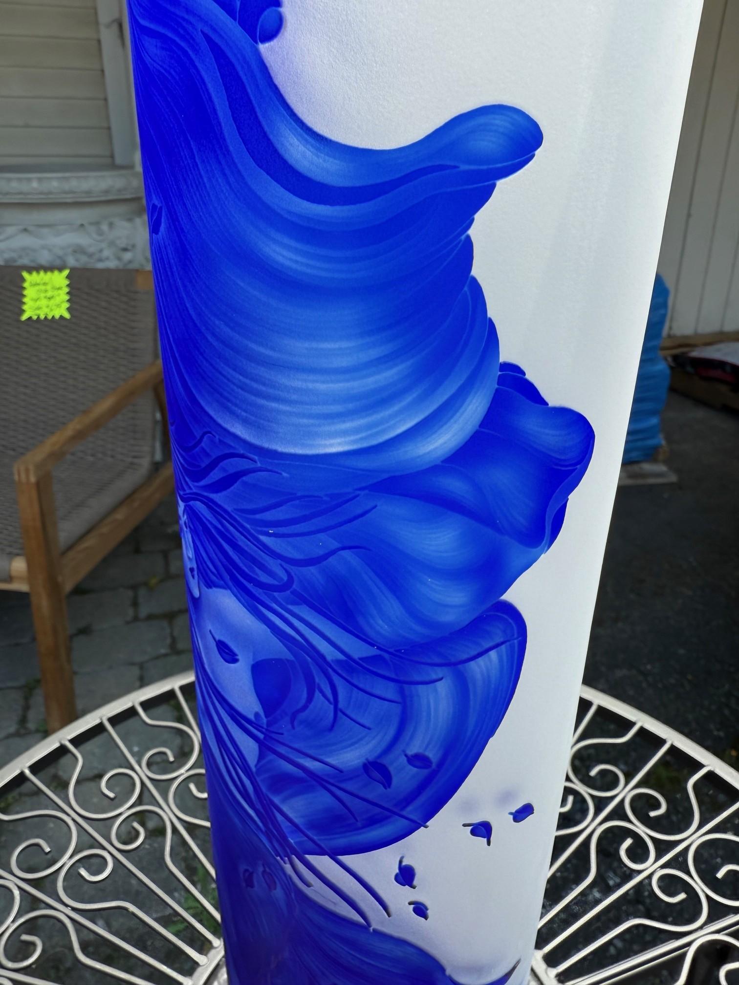 Bohemian Art Nouveau Style Blue Cut Cameo Glass Vase Signed Ingrid For Sale 9