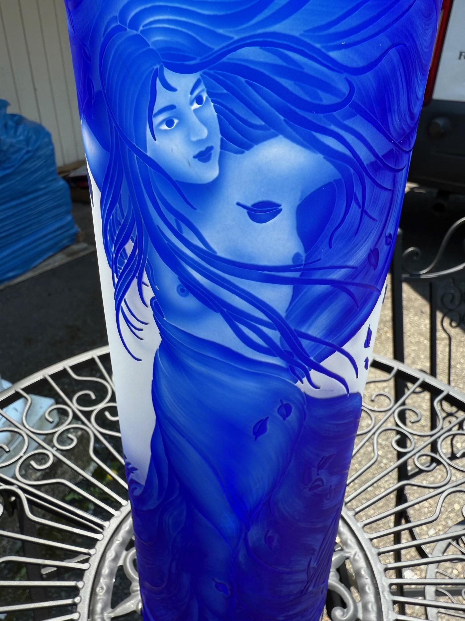 Bohemian Art Nouveau Style Blue Cut Cameo Glass Vase Signed Ingrid For Sale 10