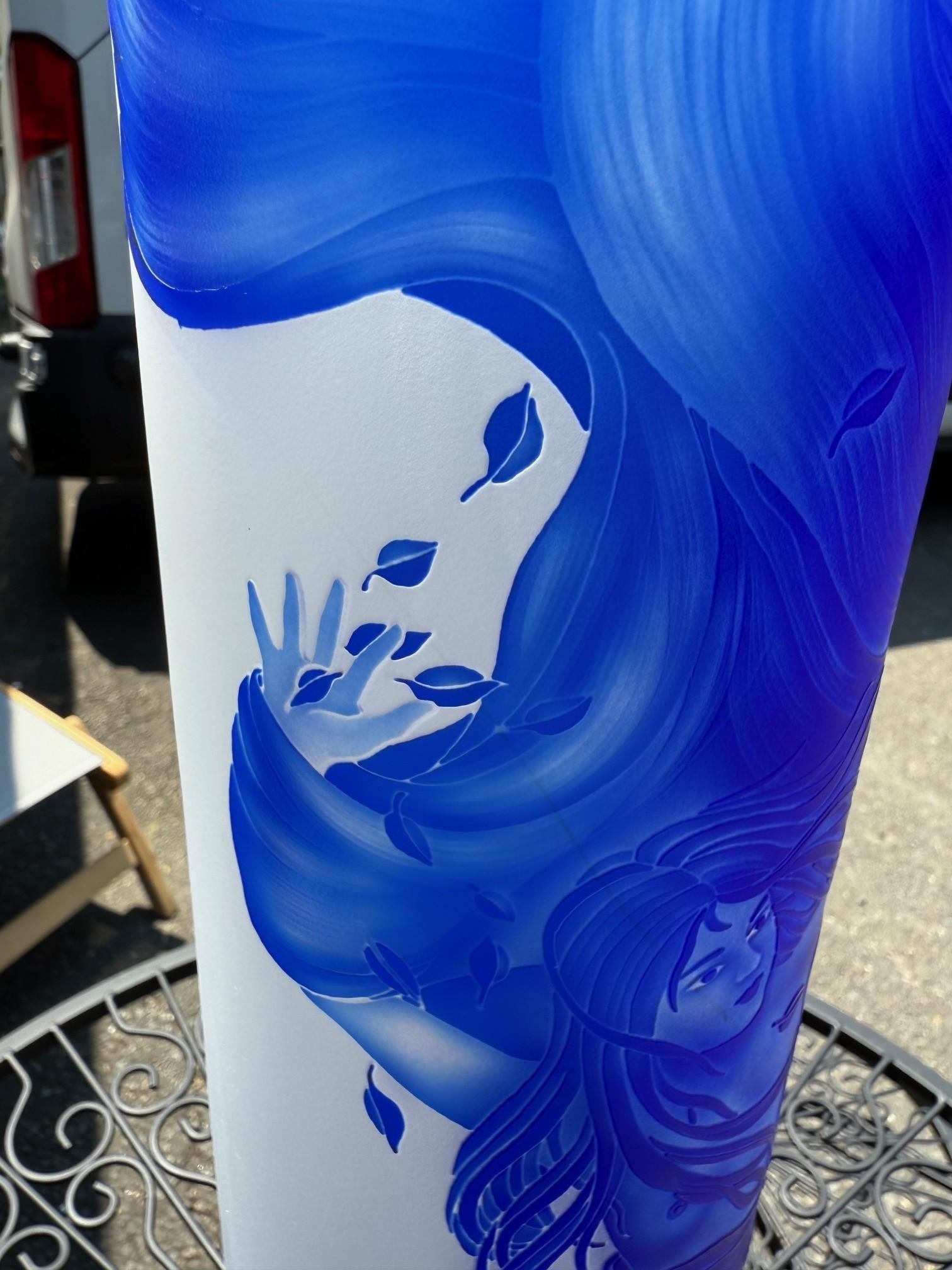 Bohemian Art Nouveau Style Blue Cut Cameo Glass Vase Signed Ingrid For Sale 11