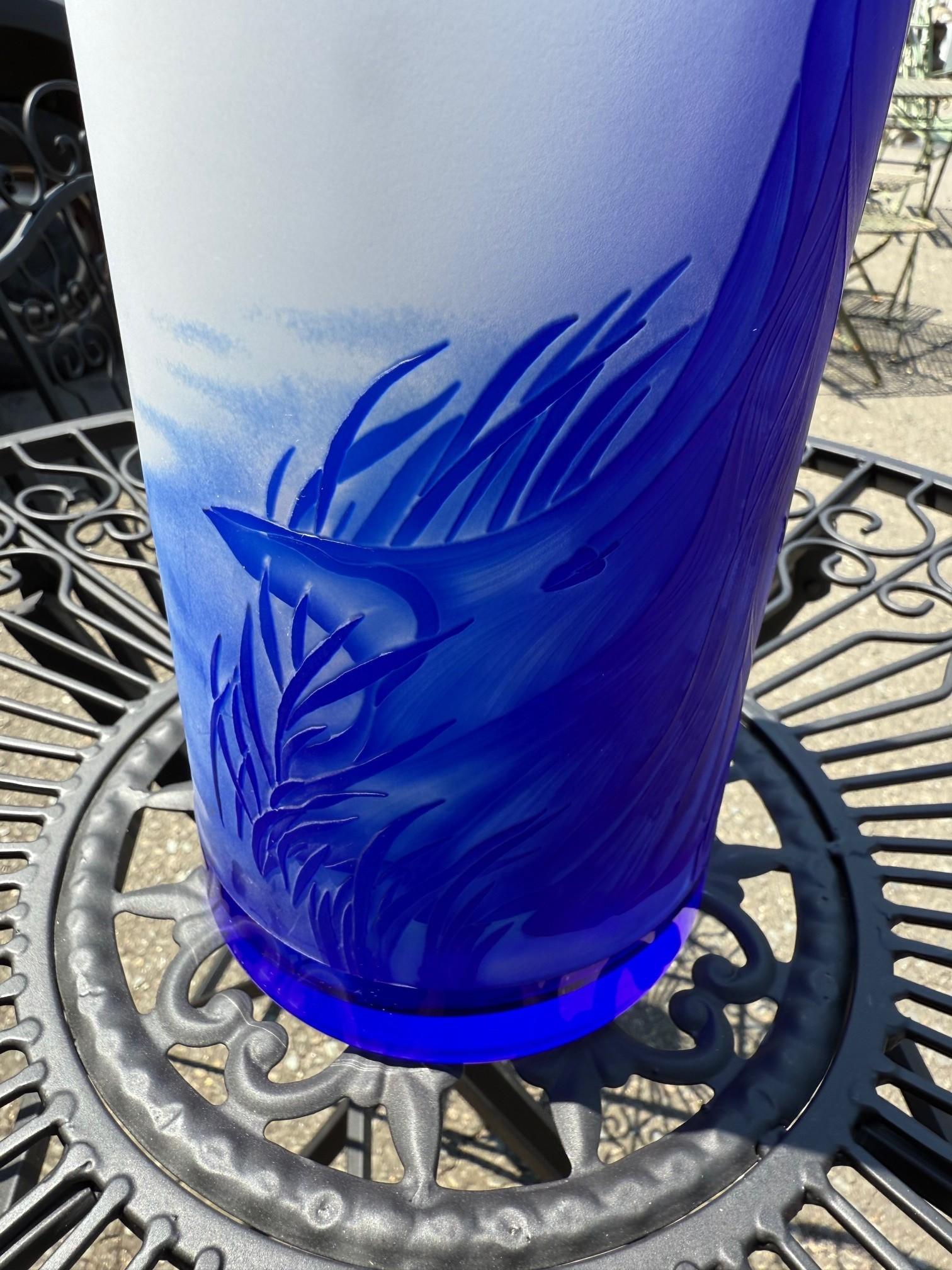 Bohemian Art Nouveau Style Blue Cut Cameo Glass Vase Signed Ingrid For Sale 12