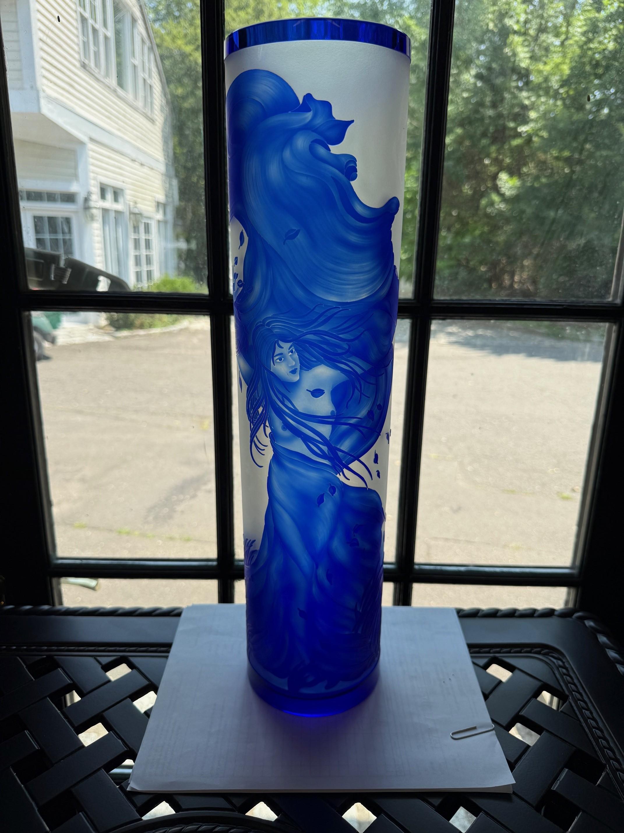 Beautiful Czech Bohemian Art Nouveau style tall blue cut to clear etched cameo glass with a Art Nouveau nude woman signed Ingrid.
The 