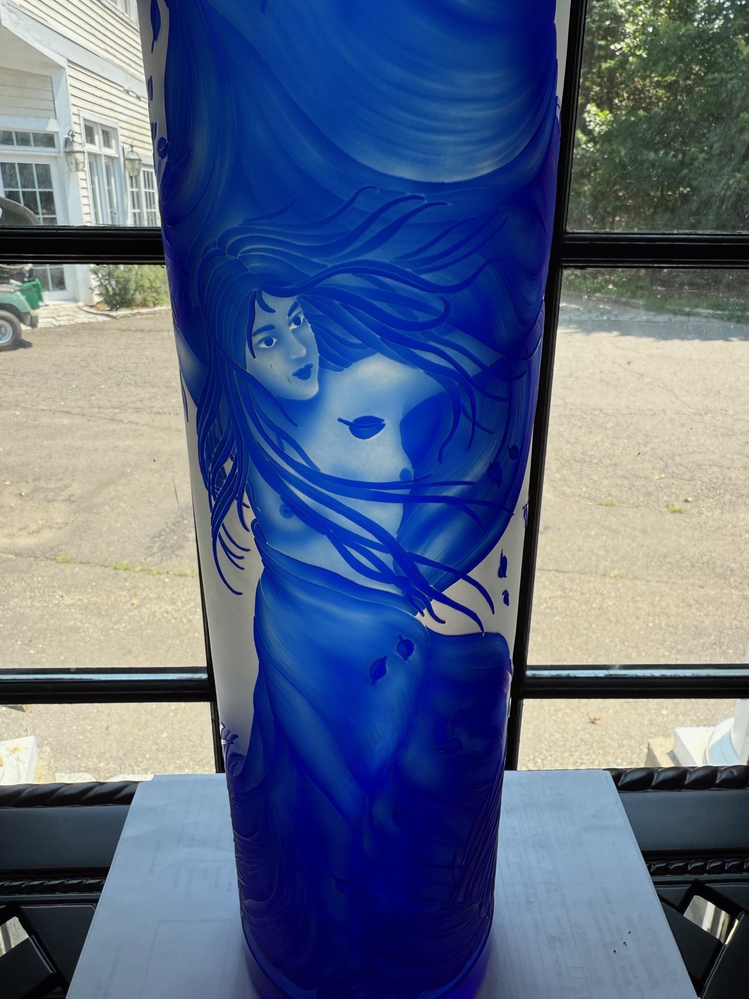 Czech Bohemian Art Nouveau Style Blue Cut Cameo Glass Vase Signed Ingrid For Sale