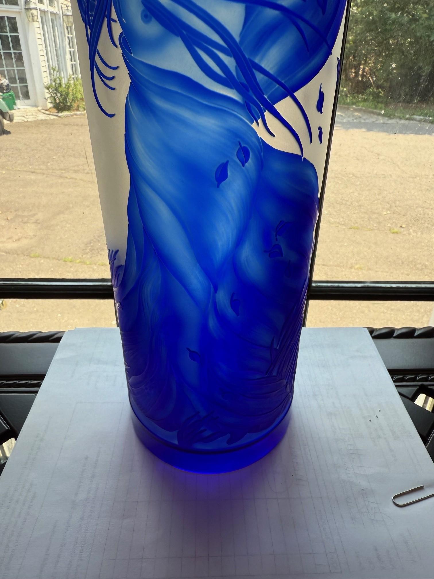 Bohemian Art Nouveau Style Blue Cut Cameo Glass Vase Signed Ingrid In Good Condition For Sale In Stamford, CT