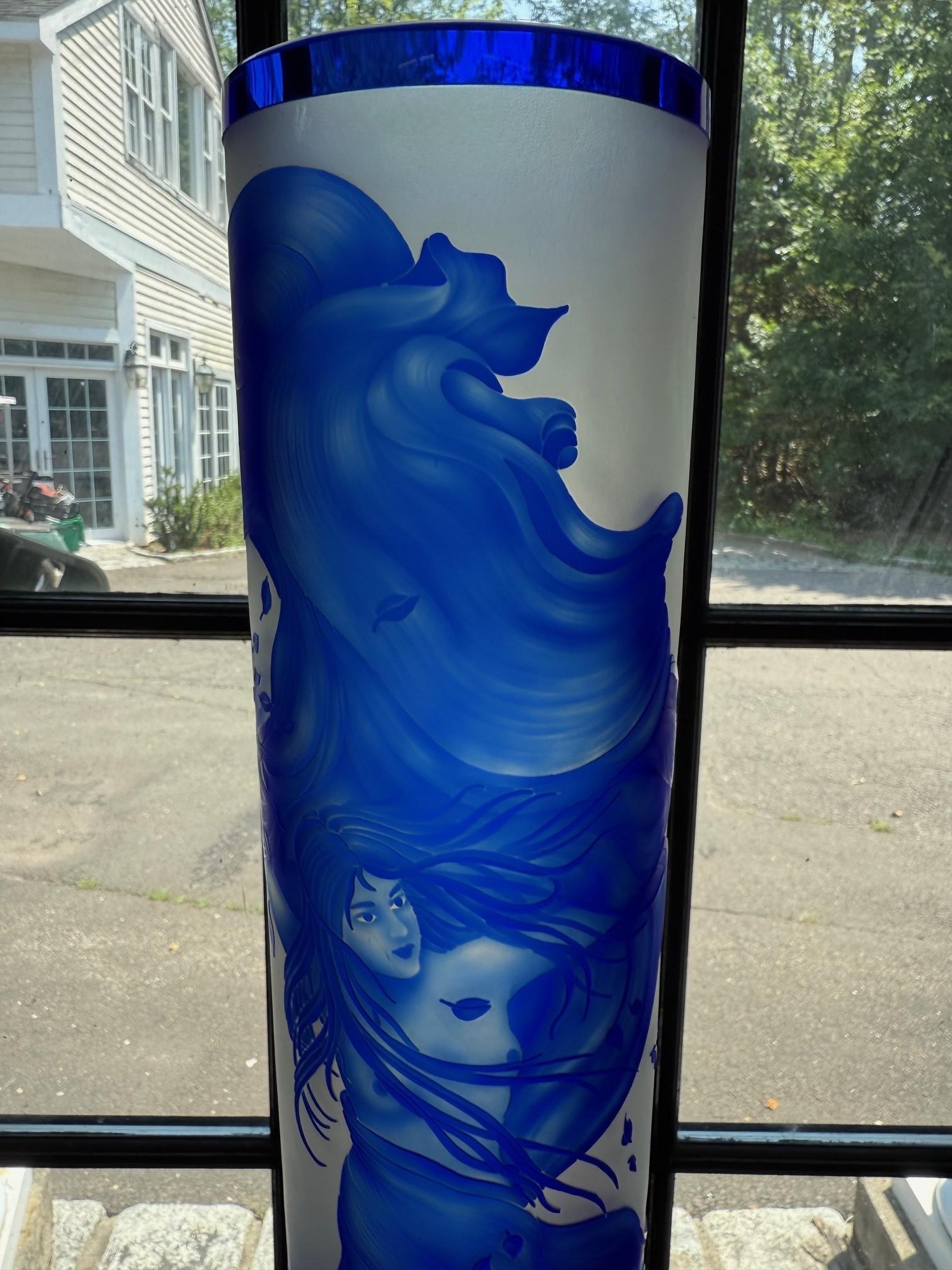 20th Century Bohemian Art Nouveau Style Blue Cut Cameo Glass Vase Signed Ingrid For Sale